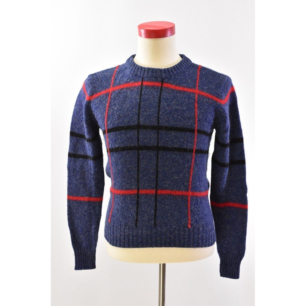 90s Vintage Hairy Plaid Crew Neck Sweater Mens S Blue Red Black Jean Michaud